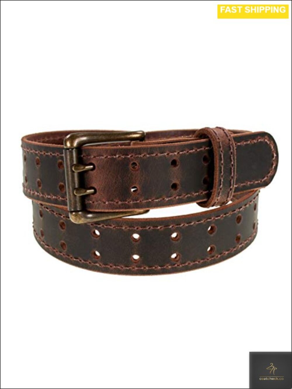 Full Grain Leather Belt Double Prong Retro Style Heavy Duty Antique Brass